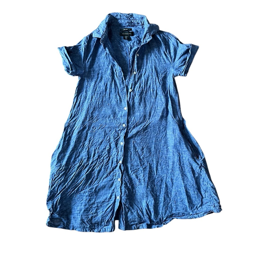 Tahari Linen Blue Button-Up Dress